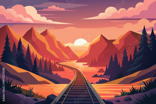 Train tracks stretching through a mountain canyon at sunset railway valley