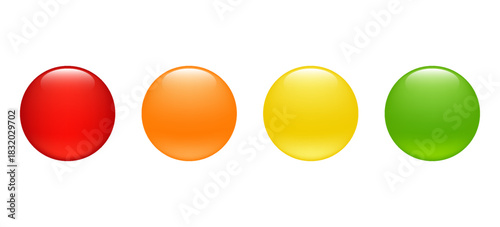 Glossy circle buttons, 3d round icons. Colored glass spheres set isolated on white background. Shiny blue, green, red and yellow circle web buttons, vector cartoon illustration