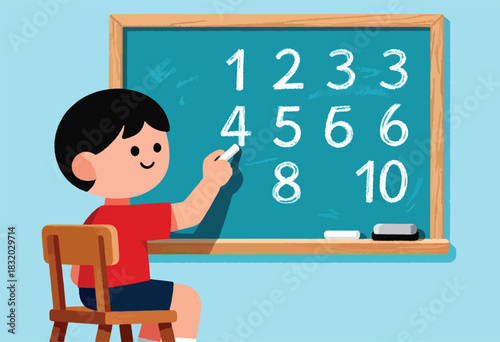 Illustration shows a child writing numbers on a chalkboard with chalk, seated, ready to learn
