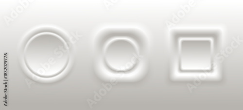 3D empty plastic buttons on white background. White square, round shapes with shadow, top view.