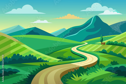 Winding road through rolling green hills and distant mountains under a cloudy sky Keywords: landscape, nature, road, path, journey, travel, hills