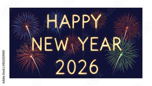 Happy New Year 2026 graphic with colorful fireworks display illustration
