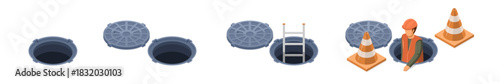 Sequence of manhole operations with male worker and safety cones