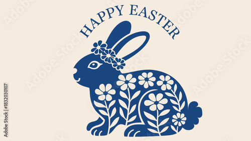 Charming blue easter bunny adorned with floral patterns and a flower crown wishing happy easter