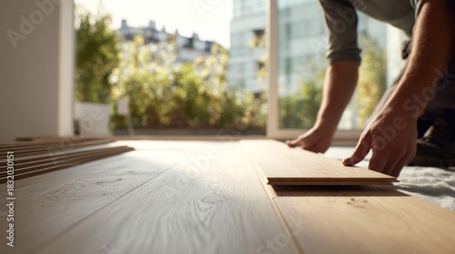 Installing wood flooring close up view