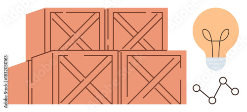 Four wooden crates stacked together beside a glowing lightbulb and a network diagram. Ideal for logistics, creativity, supply chain, innovation, storage, productivity, and teamwork. A simple flat