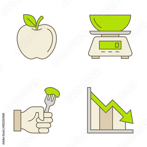 Image depicting healthy eating habits, including an apple, scale, fork, and graph.