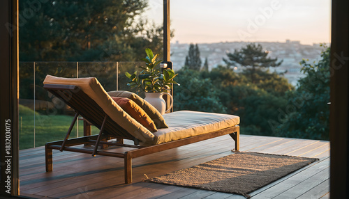 Wooden chaise lounge chair on a modern terrace deck overlooking a scenic landscape at sunset.