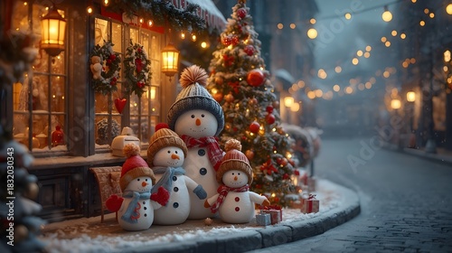 cozy and magical Christmas street scene With snowman's family