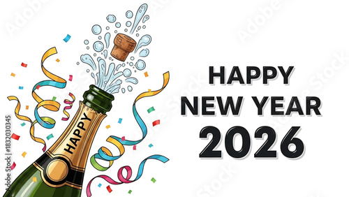 Cheerful 2026 New Year's Eve celebration with champagne bottle popping open