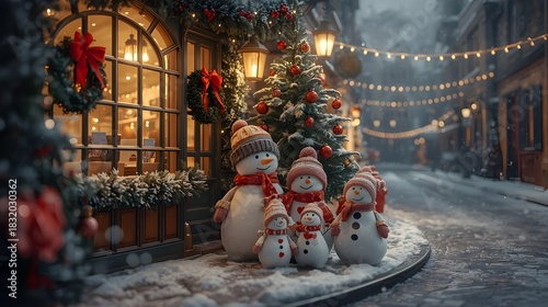 cozy and magical Christmas street scene With snowman's family