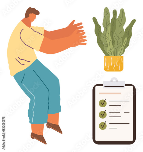 Person extending arms toward a checklist with marked tasks, potted plant nearby. Ideal for productivity, organization, focus, task management, motivation, work-life balance efficiency. Simple flat