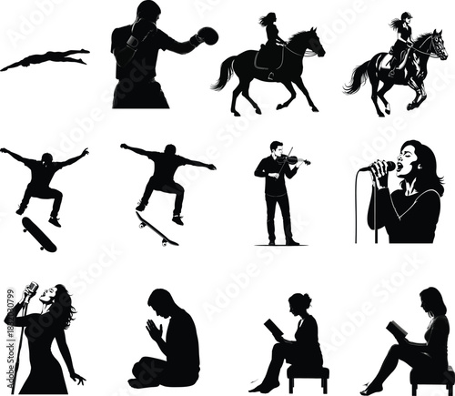 Silhouette collection of diverse activities and people in black