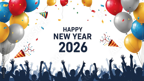 Happy New Year 2026 Celebration with Balloons and Cheering Crowd
