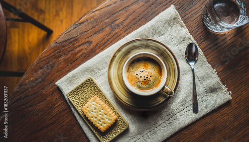 Top view of a cup of black coffee, a rectangular biscuit, and a glass of water arranged on a wooden table with a linen napkin.