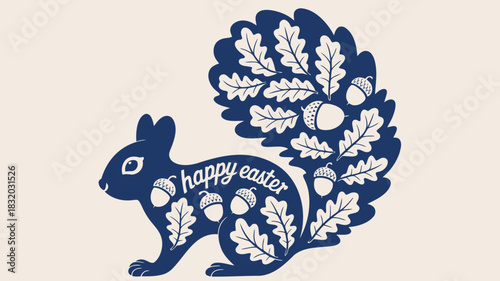Charming dark blue squirrel silhouette filled with oak leaves and acorns wishing a happy easter