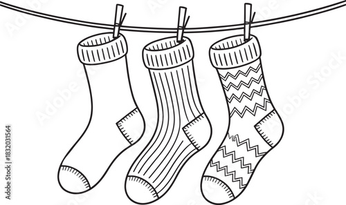 Hanging outline christmas stockings for gifts on transparent background vector art