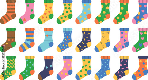 Colorful playful patterned socks collection featuring hearts dots stripes and decorative designs perfect for fun children’s vector illustration