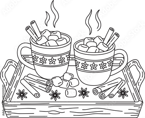 Hot cocoa with cinnamon and marshmallows coloring page for adults and children