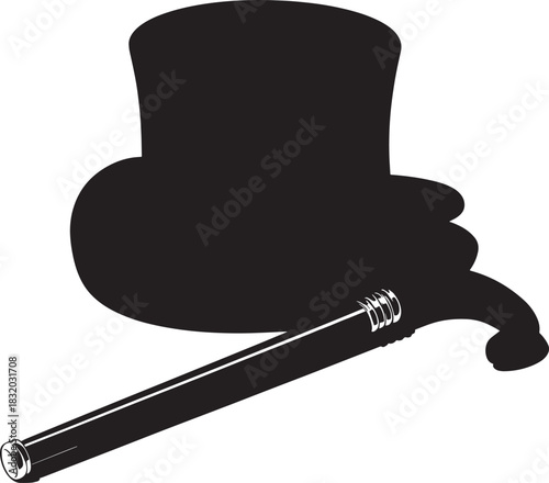 Monochrome illustration of vintage top hat and cane for classy attire style design