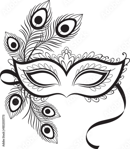 Ornate venetian mask with feathers for masquerade ball festival costume design use