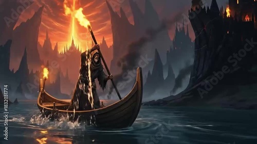 The boatman traveling along the river Styx in search of souls with the eternal fire of the underworld in the background, illuminated by a small torch.	
