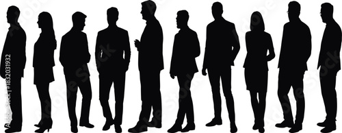 Business silhouettes row, professional standing figures, corporate attire poses, career concept illustration, posture reference set, formal vector pack