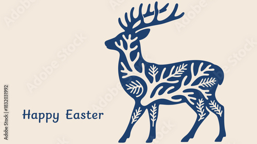 Elegant dark blue deer silhouette with floral patterns and happy easter text on a light background