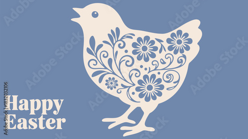 Charming silhouette of a decorative chick with floral patterns and happy easter greeting