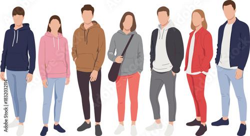Casual fashion illustration, hoodie and jacket attire, youth style, standing pose, vector people, streetwear concept, stock image