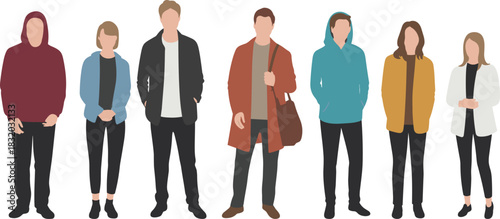 Casual fashion silhouettes, diverse clothing styles, standing figure illustration, urban outfit reference, modern attire vector, people sketch pack