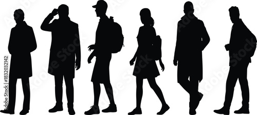 Casual silhouette illustration, walking and standing figures, diverse poses, streetwear style, vector people, motion concept, stock image