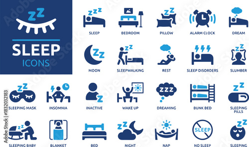 sleep, icons, collection, set, bedroom, pillow, alarm clock, dream, moon, sleepwalking, rest, sleep disorders, slumber, sleeping mask, insomnia, inactive, wake up, dreaming, bunk bed, sleeping pills, 