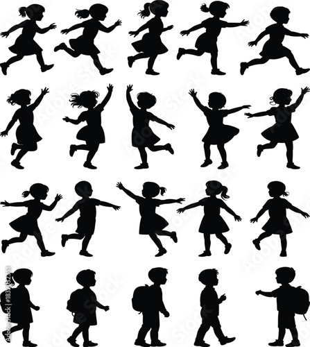 Children walking and running silhouettes, school kids with backpacks, motion pose vector, childhood activity graphic, black icon set