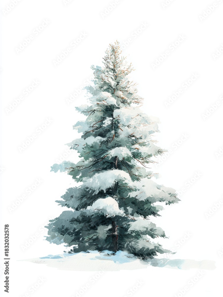Obraz premium Watercolor illustration of a snow-covered pine tree, clip art
