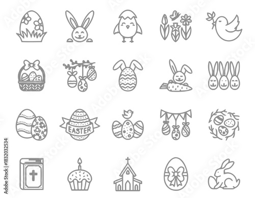 Collection of easter themed line art icons including eggs bunnies chicks flowers birds basket church and more