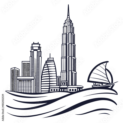 Modern city skyline with traditional sailboat on wavy water