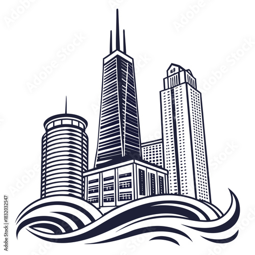 Stylized cityscape with tall buildings and waves