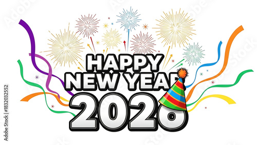 Happy New Year 2020 celebration with party hat and confetti illustration.