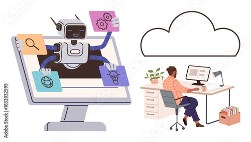Robot emerging from screen holding icons for search, settings, globe, and idea. Worker at desk using cloud-connected computer. Ideal for AI integration, teamwork, remote work, cloud services