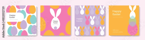 Set of four colorful abstract easter greeting cards with bunny and egg motifs and happy easter text