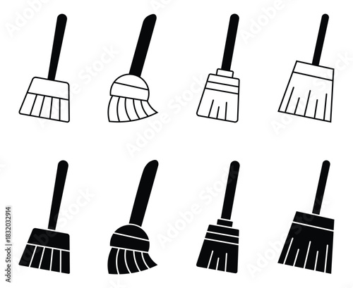 Set of broom line icon. Cleaning tool broom icon in black silhouette. Clean broomstick. Various brooms silhouette. Vector illustration.