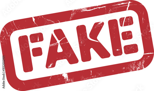Fake stamp graphic, red label, distressed texture, counterfeit symbol, authenticity warning, bold message, fraud alert icon, verification design