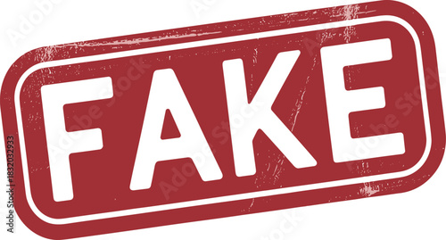 Fake stamp vector, red distressed label, counterfeit warning icon, bold text graphic, false claim design, fraud alert symbol