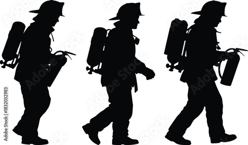 Firefighter silhouette vector, black emergency icon, walking rescue graphic, helmet gear design, fire safety illustration, action pose set