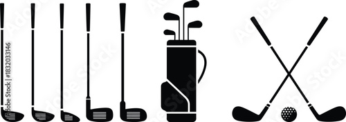 Golf club silhouette set, golf bag icon, crossed clubs, black vector, sports equipment, golfing gear, ball graphic, athletic design