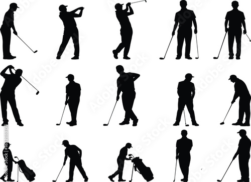 Golf player silhouette vector set, black swing pose icons, sports action graphic, club stance illustration, athletic design