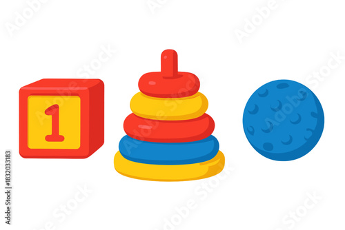 Colorful toy set features stacking rings, building block, and textured ball for early childhood playtime