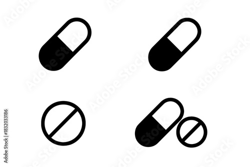 Simple black and white pill and capsule icons for medical and health-related designs