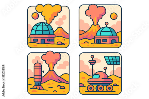 Colorful illustration of a futuristic volcanic landscape with habitats and rovers exploring the terrain in a science fiction setting